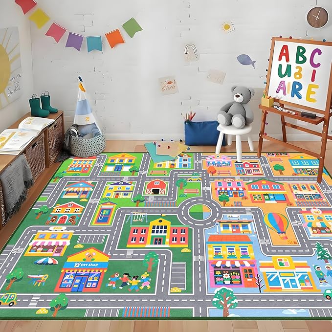 Car Rugs for Bedroom 8x10 Feet, City Life Car Road Rug Educational Learning Traffic Kids Room Rug Decorate Nursery Toddler Classroom Preschool Living Room Playroom