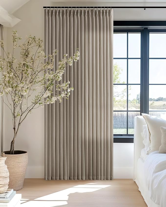 Taupe Pinch Pleat Linen Curtains for Patio Sliding Glass Door 70 Inch Width 84 Inches Long Light Filtering Semi Sheer Custom Cotton Extra Wide 70 x 84 Curtain Panels for Living Dining Room Balcony