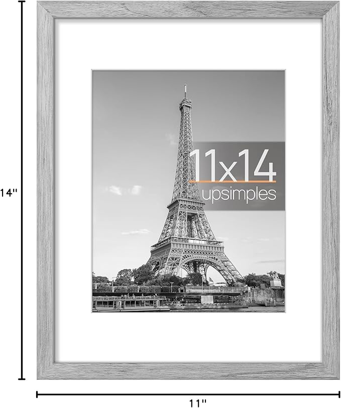 upsimples 11x14 Picture Frame, Display Pictures 8x10 with Mat or 11 x 14 Without, Wall Hanging Photo Frames, Gray, 1 Pack