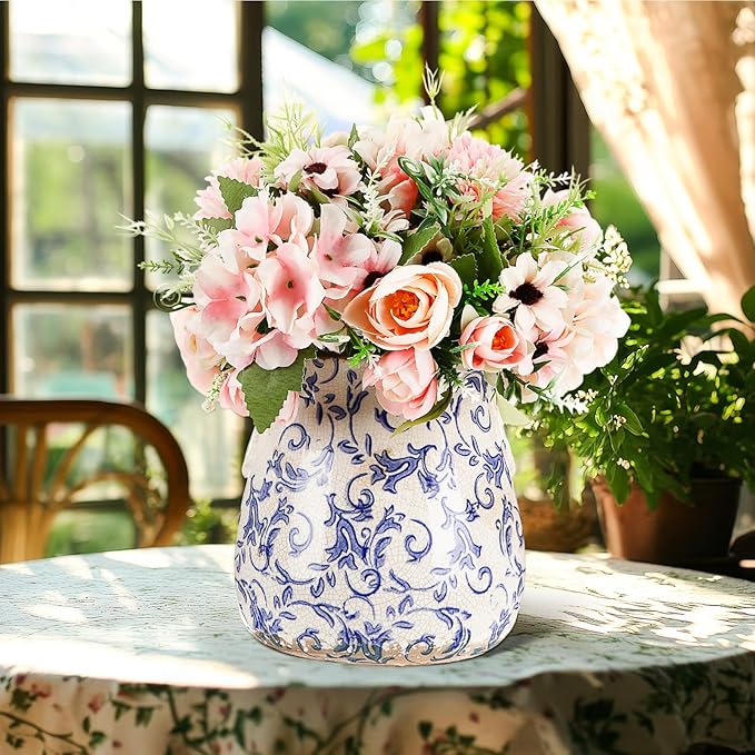 Ceramic Scroll Planter 6.5 Inch Chinoiserie Floral Vase with Drainage Holes Vintage Flower Vase Flower Pot Rustic Ceramic Pots for Indoor Plants Garden Home Bookshelf Decor (Retro Blue)