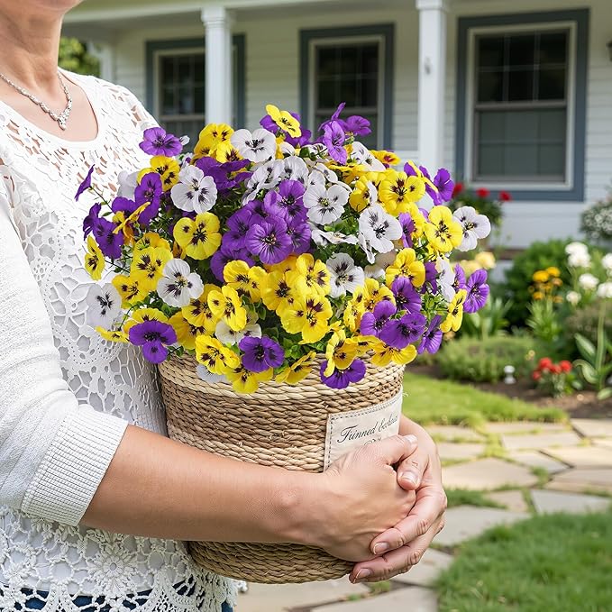 Alupssuc 48 Bundles Artificial Flowers for Outdoors, Fake Spring Flowers for Decoration, UV Resistant Realistic Pansies with Eucalyptus Silk Faux Flowers for Porch Patio Yard, Purple Yellow White