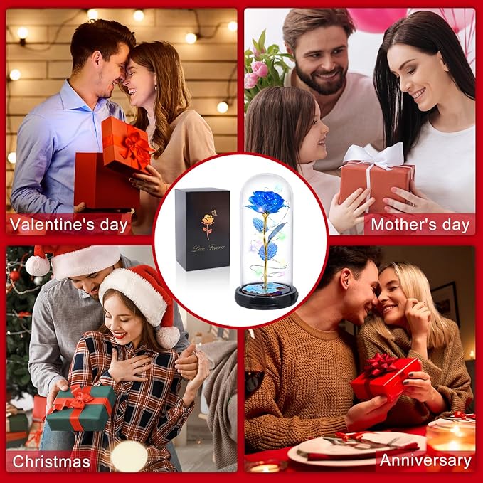 Mothers Day Flowers Gifts for Mom Women Birthday Gift Rechargeable Galaxy Glass Rose in Glass Dome Forever Crystal Eternal Rose Anniversary Mothers Day Roses Gifts for Daughter Wife Women Grandma Blue