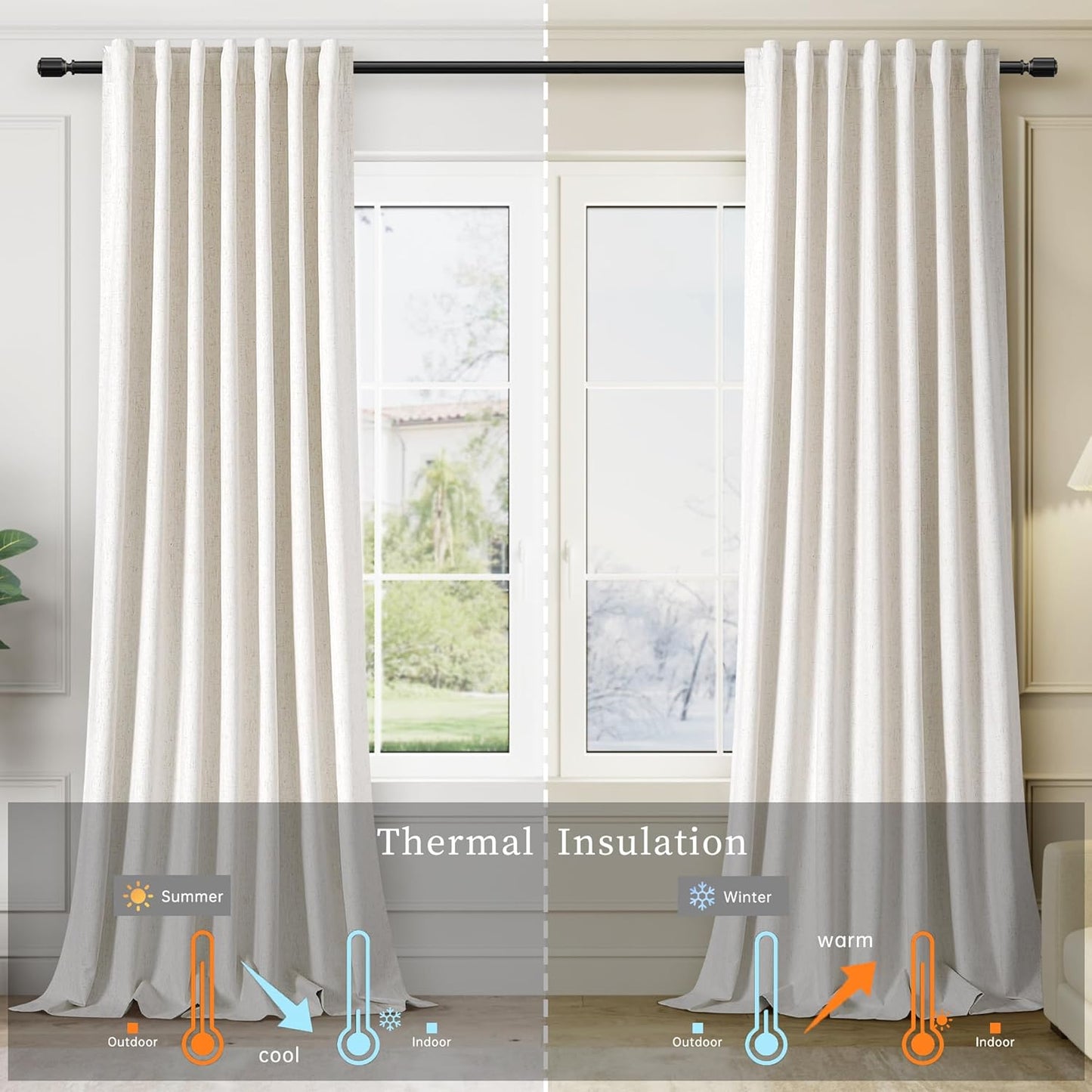 Room Darkening Curtains Cream Blackout Curtains 96 Inches Long 2 Panel Set Back Tab Neutral Natural Linen Black Out Curtain for Sliding Door Modern Farmhouse Bedroom Living Room Drapes Soundproof