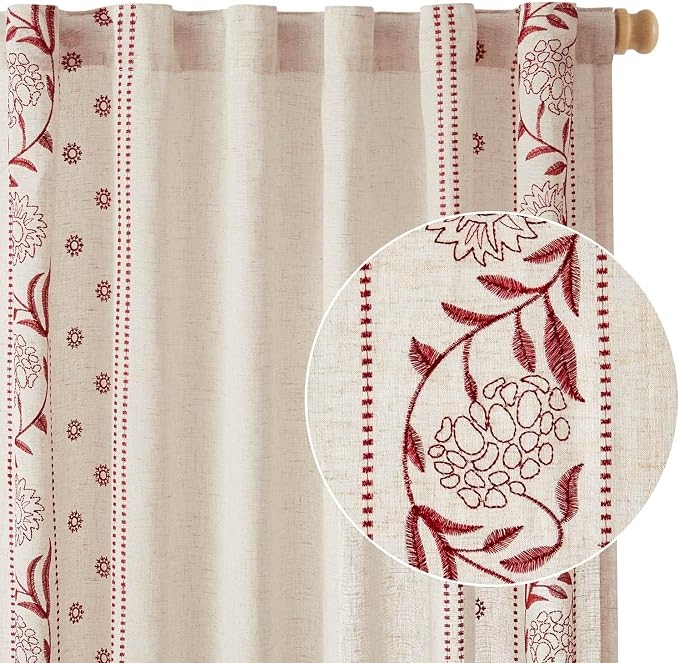 jinchan Winslow Linen Curtains for Bedroom 108 Inches Length Embroidered Bordered Floral Curtains for Living Room Farmhouse Decor Light Filtering Window Treatments Red on Beige Drapes 2 Panels