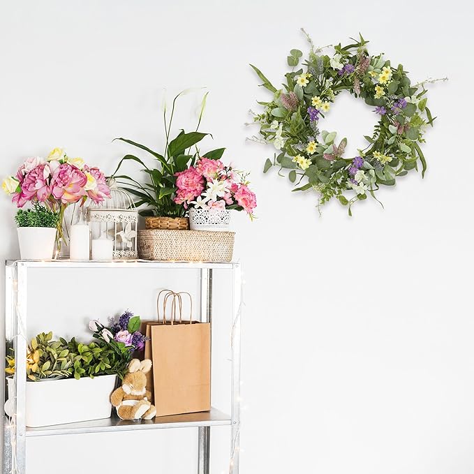 YNYLCHMX 18" Spring Summer Wreaths for Front Door, Artificial Floral Wreath with Multi-Colored Flower & Green Eucalyptus Leaves, Green Foliage Wreath for Wall Window Farmhouse Party Holiday Home Decor