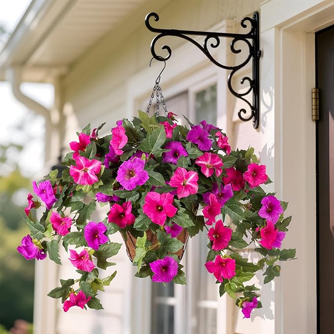Artificial Fake Flowers for Outdoor Spring Decoration, 2PCS Faux Silk Petunias No Fade UV Resistant Flowers for Outside Garden Porch Yard Balcony Patio Realistic Indoor Decor(Fuchsia)