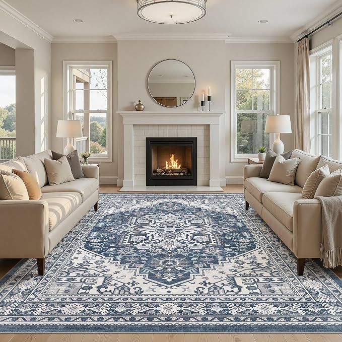 UERMEI 9x12 Area Rug for Living Room - Washable Vintage Carpet, Non-Slip Soft Large Indoor Floor Rugs for Bedroom Home Office & Under Dining Table Decor, Denim Blue/White