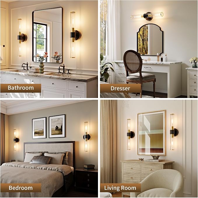 Morauroral Battery Operated Wall Sconce, 20 Inch Rechargeable Wall Lights with Remote, Black Gold Modern Wireless Wall Lamp for Bedroom, Living Room with White Shade (Bulbs Included)