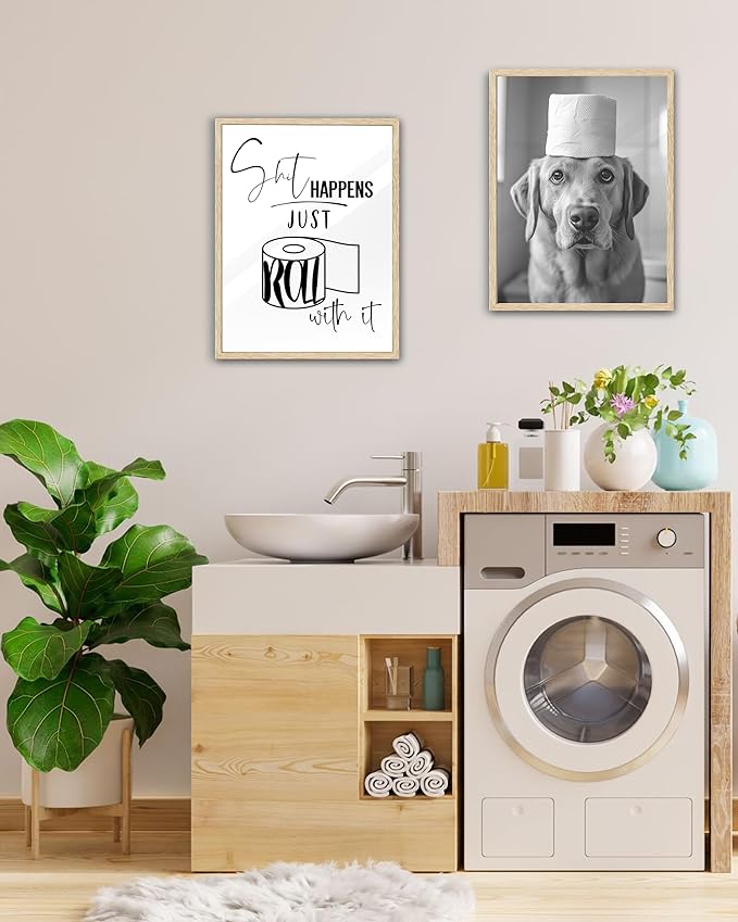 UPWOIGH Funny Toilet Paper Oak Framed Canvas Wall Art, 12x16in Black and White Bathroom Humor Print, Modern Minimalist Poster Wall Decor for Restroom or Washroom, 1Pack Gift Idea
