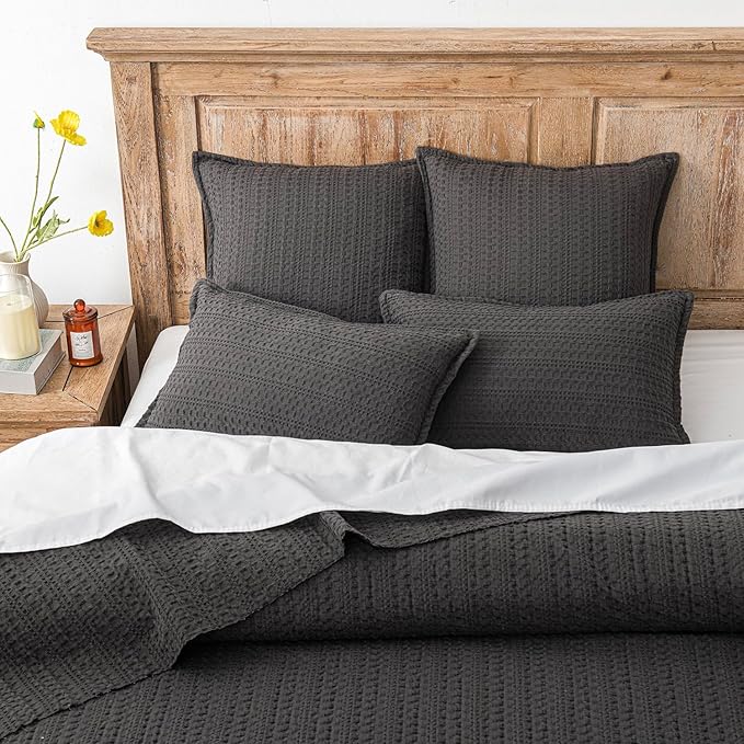 Foindtower Set of 2 Decorative Cotton Waffle Weave Lumbar Throw Pillow Covers Euro Sham Cushion Covers Accent European Pillowcase For Bed Couch Sofa Bedroom Living Room Home Decor 12×20 Inch Dark Grey