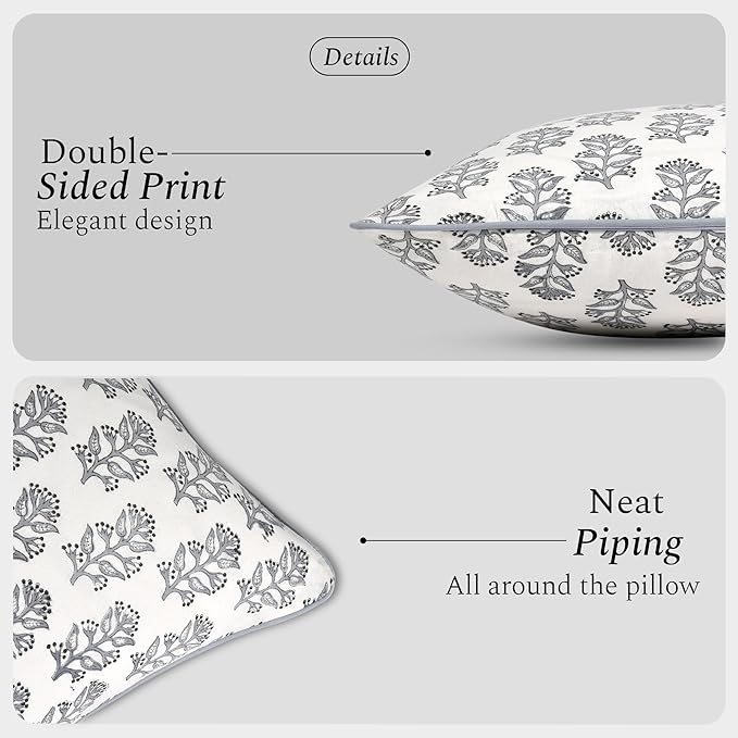 CPC 100% Cotton Throw Pillow Covers 18x18 Inch, Set of 2 Pink Block Print Pattern Couch Pillow, Cute Boho Decorative Pillows for Living Room, Bedroom with Hidden Zipper- Misty Grey Floral