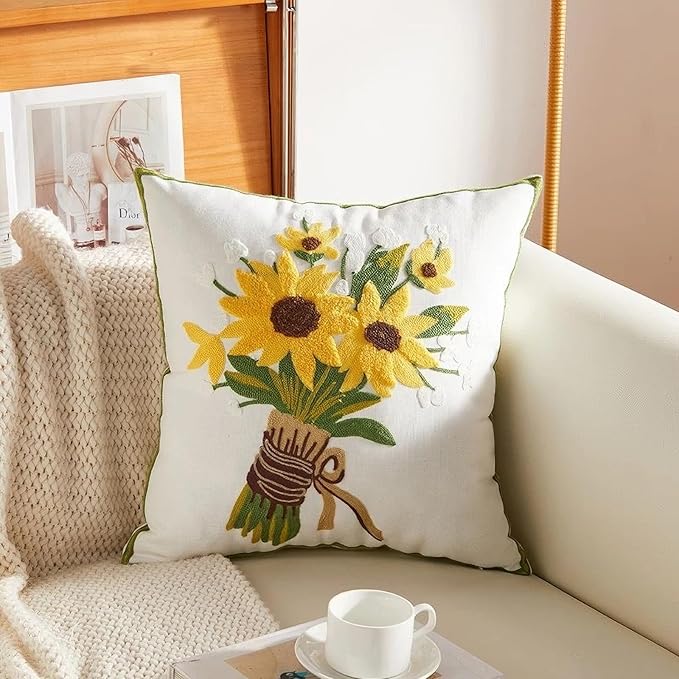 Embroidery Throw Pillow Covers 4 Sunflowers 18x18 Inch Decorative Cushion Case Floral Design 100% Cotton Home Decor Yellow Flowers 45x45cm, 1 Piece