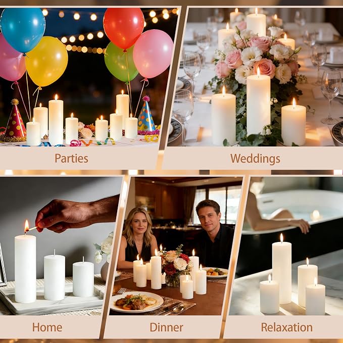 18 Pcs White Pillar Candles Bulk Set, 2x3” 2x4” 2x6” Paraffin Hurricane Candles, Unscented Dripless Smokeless, Long Burning for Party Wedding Events Home Decor