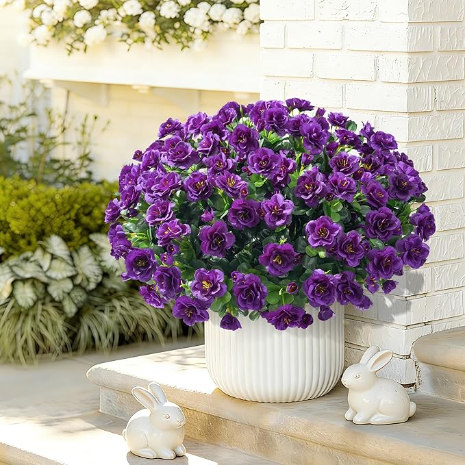 Artificial Faux Outdoor Flowers Plants for Spring Summer Decoration, Fake Silk Camellia UV Resistant Look Real for Planter Outside Front Door Porch Patio Balcony, 3 Large Bundles (Dark Purple)