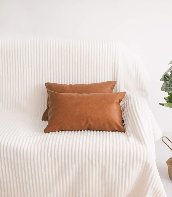 Faux Leather Lumbar Throw Pillow Cover 12x20 Decorative Bedroom Living Room Modern Boho Accent Rectanglar Cognac Brown Small Cushion Case for Bed Sofa Couch