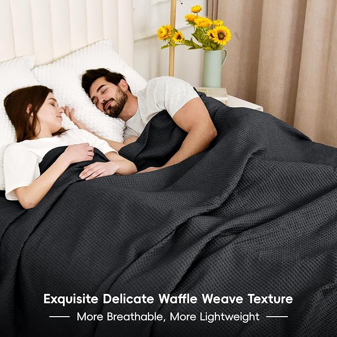 PHF 100% Cotton Waffle Weave Blanket Twin Size 66"x90" - Lightweight Washed Soft Breathable - Perfect Layer for Couch Bed Sofa - Aesthetic Elegant Home Decoration Gift - Black