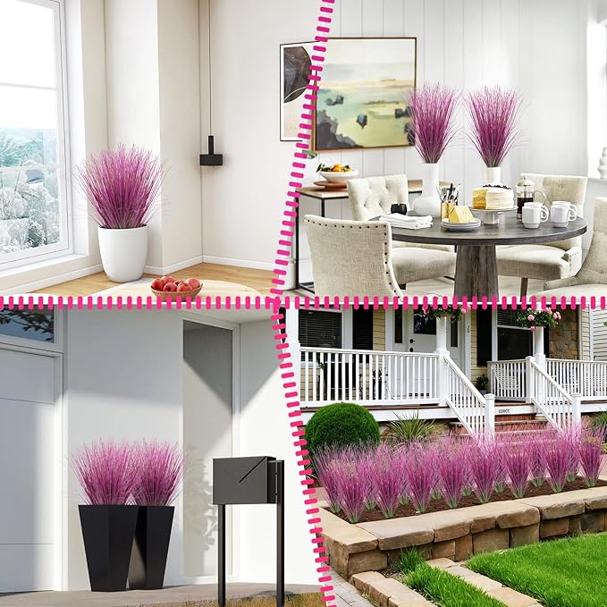 24 Bundles Artificial Grass Plants Outdoor Tall Faux Shrubs Greenery Stems Fake Onion Grasses Wheat UV Resistant for Outside Garden Indoor Office Home Decor(Pink)