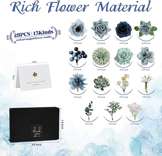 Artificial Flowers Combo Box, 28PCS Fake Flowers, Silk Flower Mix with Wire Stem, DIY Wedding Bridal Bouquet for Arrangement, Shower Party Home Décor, Dusty Blue & Sage Mix