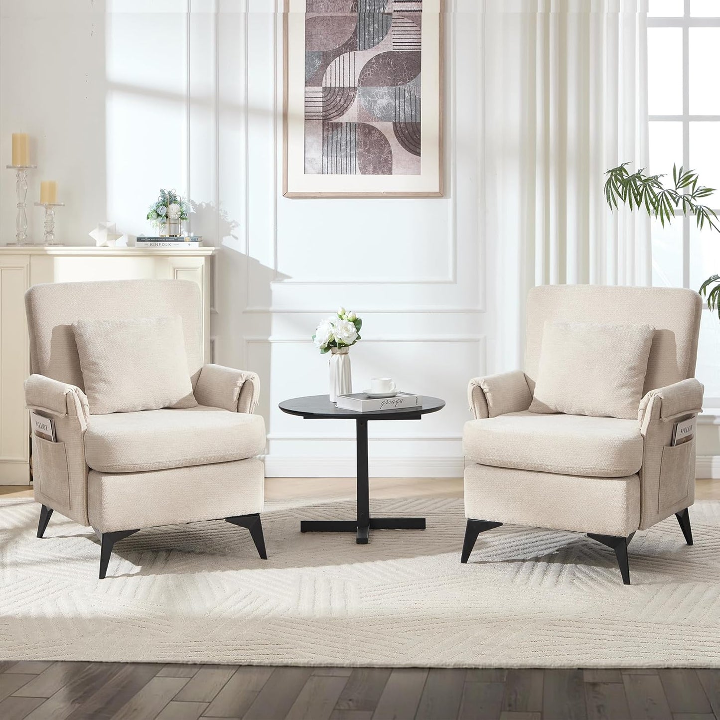 KCC Mid-Century Accent Chairs Set of 2,Chenille Modern Upholstered Single Sofa,Cozy Armchair with Back for Bedroom/Office/Cafe,Begie