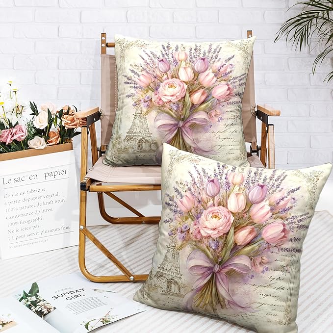 Pink Purple Tulip Pillow Covers Vintage French Script Lavender Flower Throw Pillow Covers 18x18 Set of 2 Retro Spring Summer Floral Pillow Cases Shabby Chic Cushion Case for Sofa