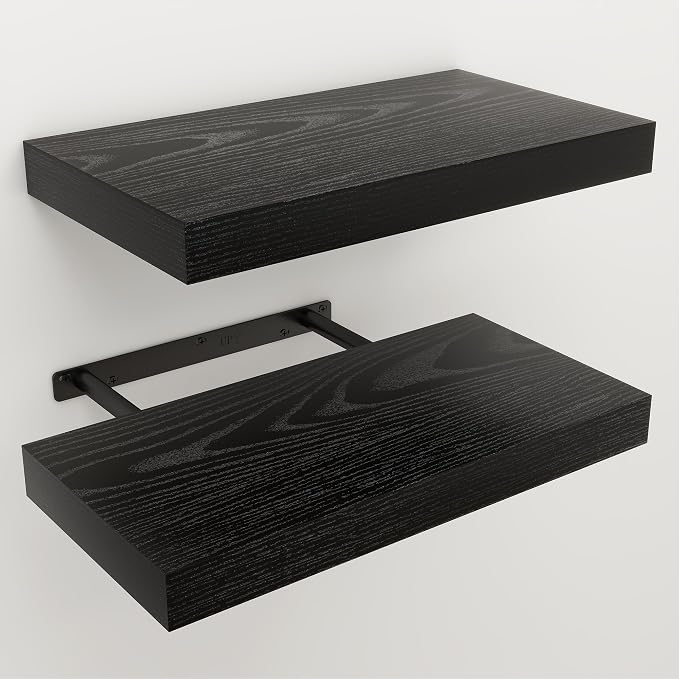 Black Floating Shelves for Wall, 7.9" Deep Wall Mounted Floating Shelves for Bedroom, for Wall, Living Room, Kitchen, for Books/Storage/Room Decor (Black, 16")