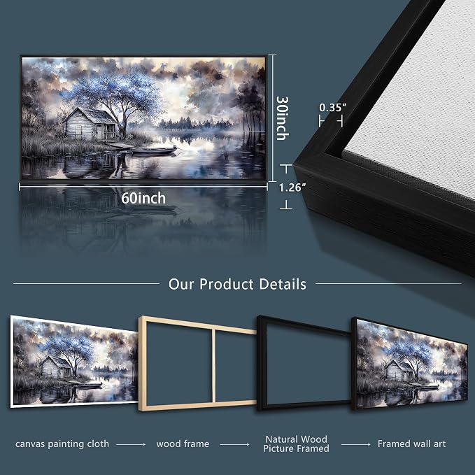 ERQINHUA Large Wall Decor For Living Room Canvas Wall Art For Office Bedroom Blue Tree Lakeside Landscape Painting Black Frame Artwork Pictures Modern Beach Posters Ready To Hang Home Decor 30"x60"