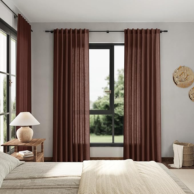 Rustic Brown Linen Curtains 90 Inch Long 2 Panels Set for Bedroom Living Room Linen Textured Window Drapes Semi Sheer Light Filtering Rod Pocket Back Tab Cotton Textured Farmhouse Curtain 52x90