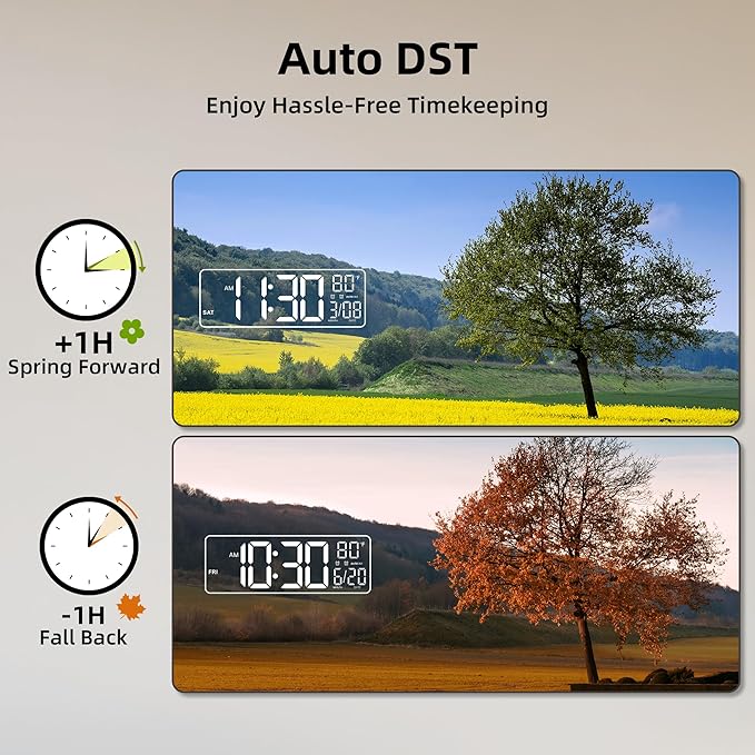 EASYERA 16.5" Large Digital Wall Clock with Anti-Glare Display, RGB Lights with 10 Scenes Mode Remote Control, Adjustable Brightness, Dual Alarms, Auto DST, BT Sync, Temperature for Living Room