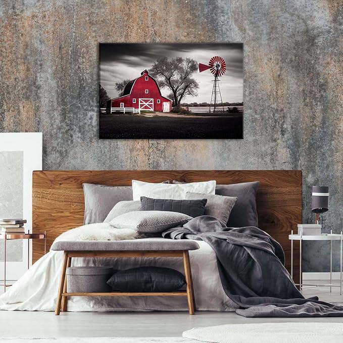 Large Barn Picture Wall Decor Rural Country Red Windmills Canvas Wall Art for Living Room Retro Farmhouse Black and White Cabin Painting Rustic Western Scenery Posters Bedroom Home Decorations 32x48"