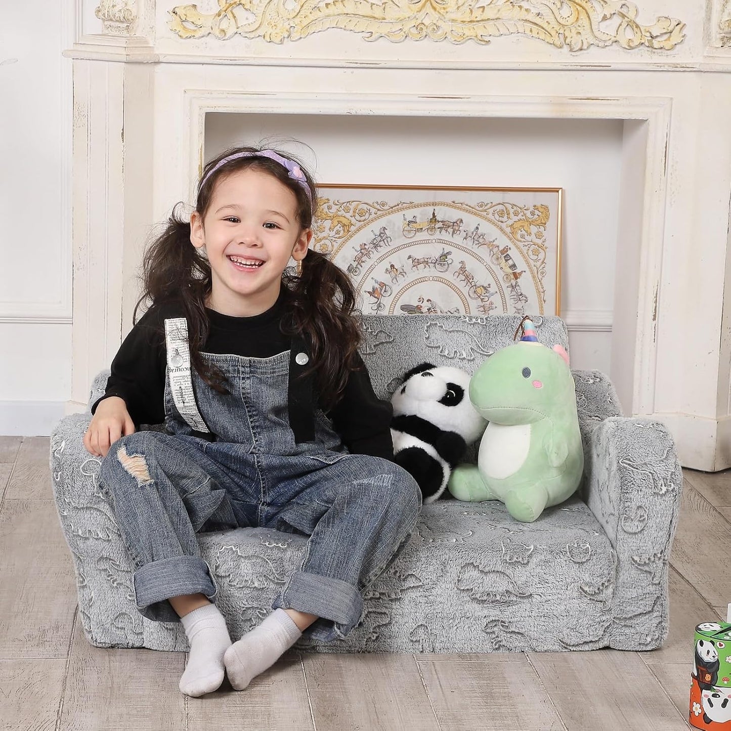 Kids Extra Wide Glow in The Dark Chairs for Toddler, 2-in-1 Toddler Soft Sherpa Couch Fold Out, Convertible Sofa to Lounger for Girls and Boys, Dark Grey