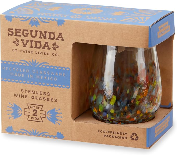 Segunda Vida Artistico Hand Blown Stemless Wine Glasses, Recycled Drinking Glasses with Rainbow Speckled Pattern, Mexican Glassware for Wedding Gifts, Housewarming, Cocktail Party, 13 oz Set of 2