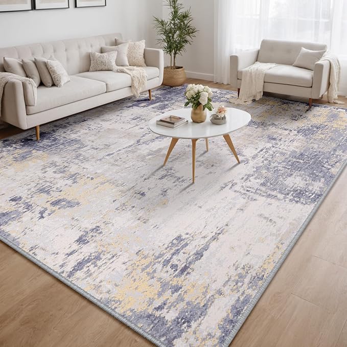 RELEANY Washable Area Rugs 6'x9' Non-Slip Modern Abstract Soft for Living Room Entryway Bedroom Nursery, Print Pattern, Purple Grey Cream Yellow