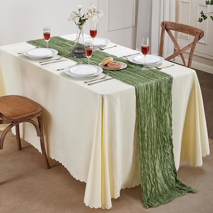 12 Pack Sage Green Cheesecloth Table Runner 10FT Long Easter Spring Boho Gauze Table Runner Rustic Sheer Runner for Wedding Bridal Baby Shower Birthday Party Table Decor Home Easter Thanksgiving Decor