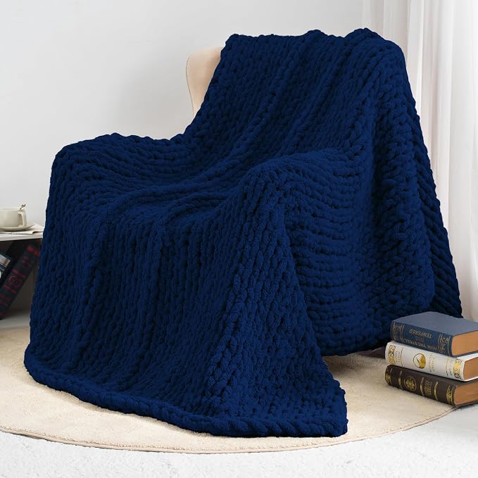 Chunky Knit Throw Blanket 60x80, 100% Handmade Chenille Yarn | 6.7lbs Soft Thick Cable Knitted Blankets, Large Rope Knot Crochet Throws for Couch Sofa Bed Machine Washable, Navy Blue