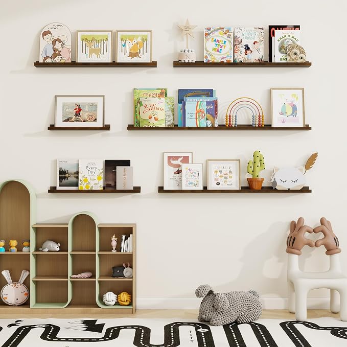 Picture Ledge Shelf, Floating Shelves Set of 2, 36 Inches Solid Wood Nursery Book Shelves for Toys Storage, Kids Bookshelf Wall Mounted for Living Room Bedroom Decor Books Photo Frames, Walnut