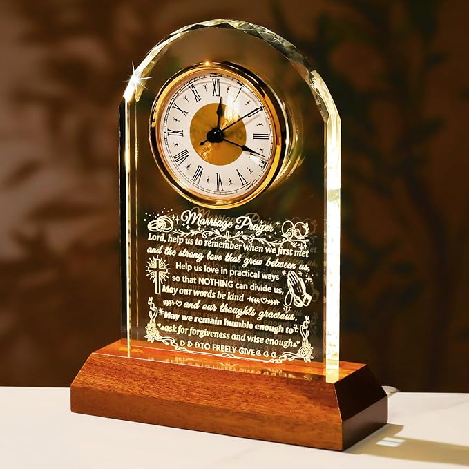 Ornalrist Wedding Gifts for Couples 2026 - Glass Clock with Wooden Light Base Happy Anniversary Marriage Prayer Wedding Gifts for Bride and Groom Engagement Newlywed Mr Mrs Gifts