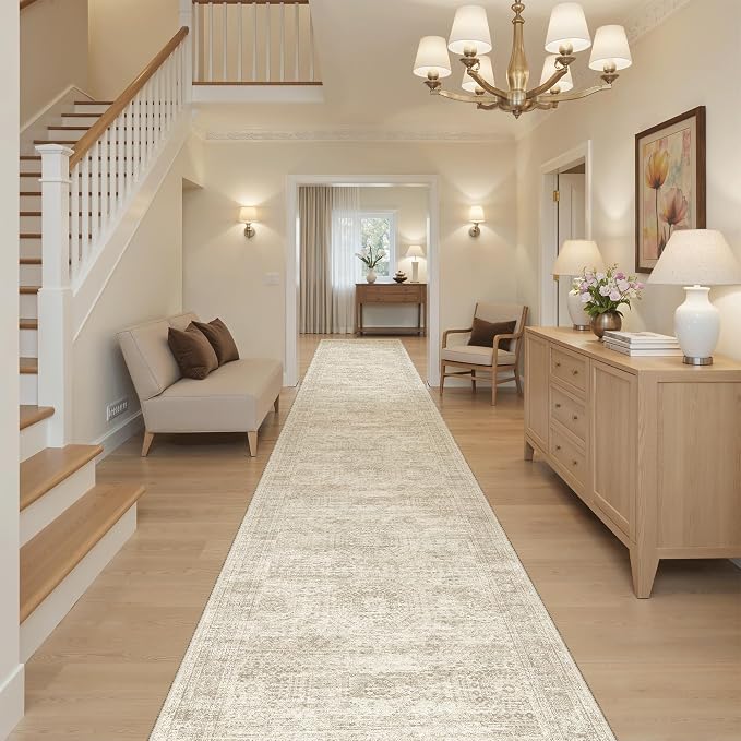 Soalmost Runner Rug 2'6" x 14' Washable Non-Slip Runner Rugs for Kitchen Bathroom Laundry Room Vintage Ultra Thin Runners for Hallway Entryway Beige