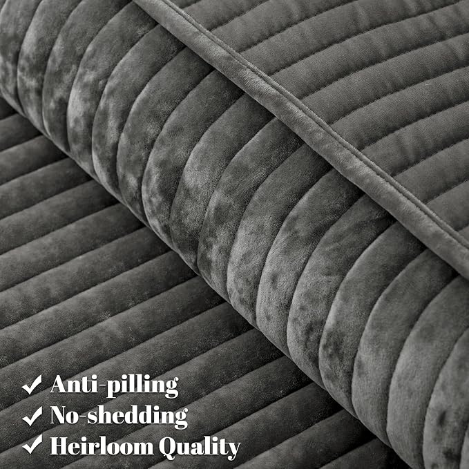 PHF Luxury Velvet Quilt Set King Size – 3PCS Ultra Soft Quilted Comforter Alternative with Striped Channel, Cozy Quilted Bedspread, 1 Coverlet with 2 Matching Shams, 108" x 92", Grey