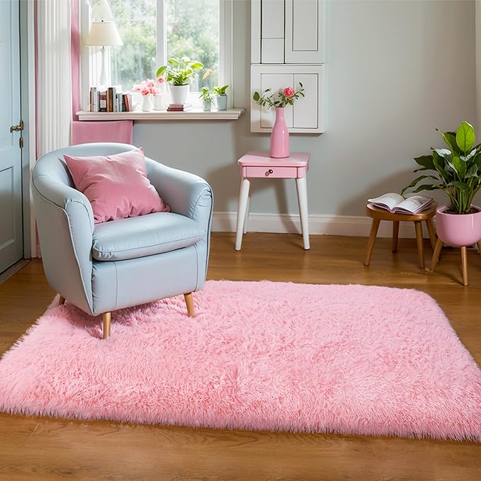 KICHOWUA Thick Area Rug 5x7 Pink Fluffy Shag – Ultra Soft Plush Fuzzy Washable Thickened Non-Slip Fuzzy Carpet for Girls Bedroom Living Room, Modern Furry Shaggy Rug for Kids Nursery Boys Dorm Room