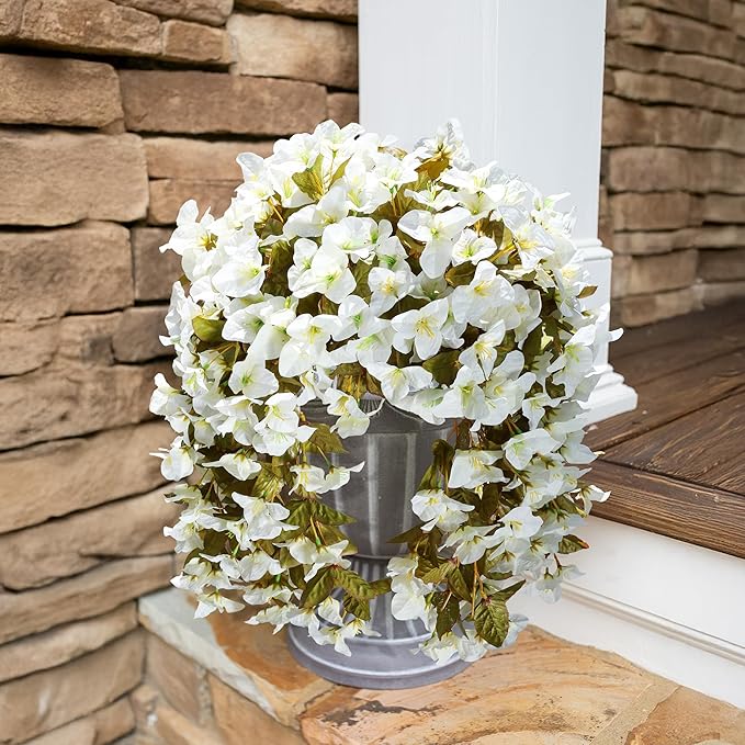 HyeFlora Bougainvillea Artificial Hanging Flowers Plants for Outdoors Decoration, 2pcs Faux Bougainvillea Vines White Fake Flowers Realistic UV Resistant Silk Flowers for Outside Planter Yard Gardens