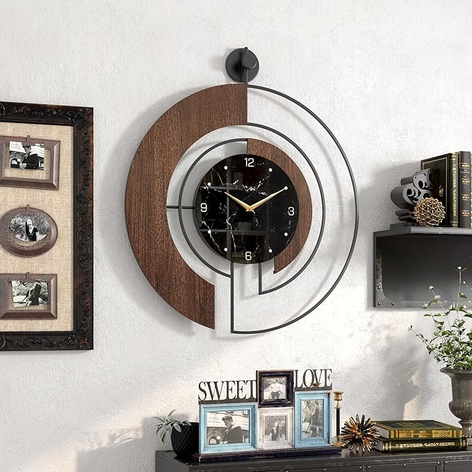 Modern Walnut Marble Dial Wall Clock, Large Wood Metal Frame Silent Non Ticking Wall Clocks for Living Room, Bedroom Decoration, Contemporary Home Wall Decor Gift Idea, 26.4 in