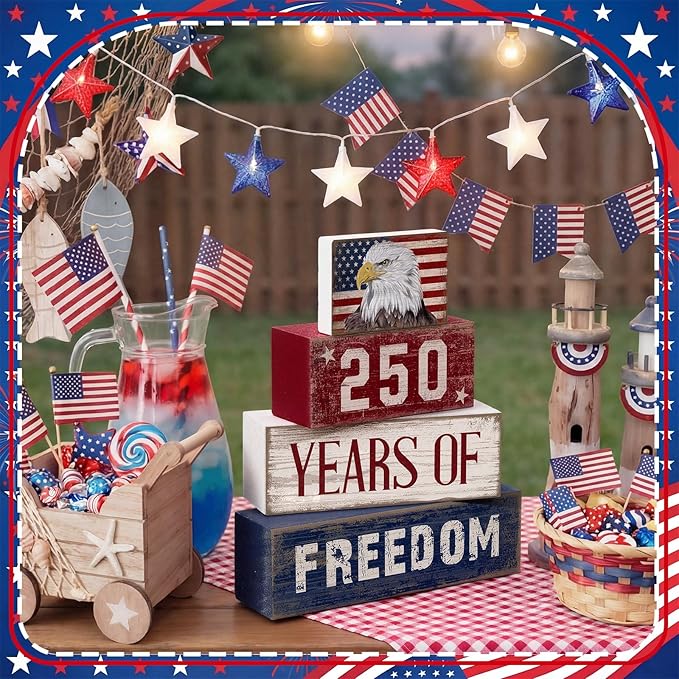 4 Pcs 250th Anniversary 4th of July Decorations USA Patriotic Memorial Day Tabletop Decorations Eagle Red White Blue Table Centerpieces American Flag Sign for Office Tiered Tray Home Shelf Party