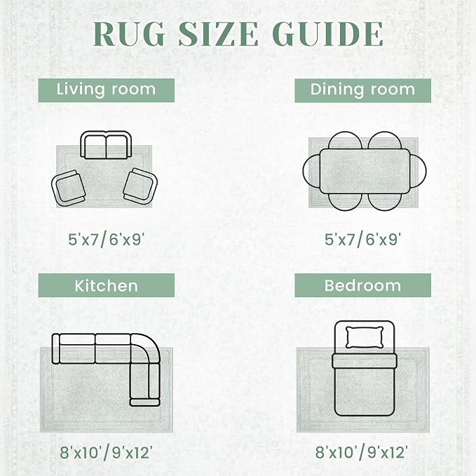 6x9 Area Rugs for Living Room: Washable Vintage Floral Rug Low Pile Non-Slip Boho Carpet for Nursery Bedroom Dining Room (Green, 6'x9')