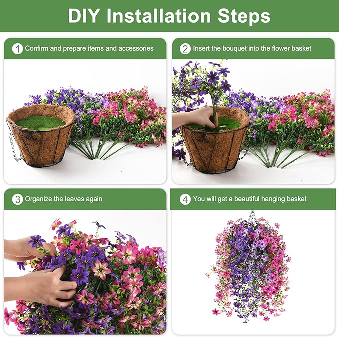 INQCMY Artificial Fake Hanging Plants Flowers Basket for Spring Outdoor Outside Decoration,UV Resistant Faux Silk Flower in Planter for Home Patio Porch Balcony Garden Yard Decor(Mixed Color)