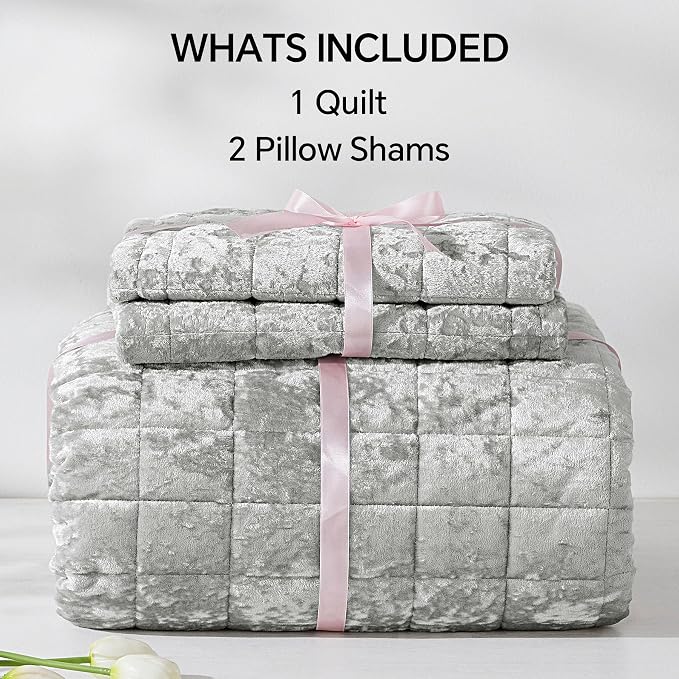 BEDELITE Velvet Quilt Set King Size - Luxury Soft Velvet Comforter Bedding Set for All Season, Lightweight Quilted Box Stitch Oversized Bedspread Coverlet with 2 Matching Shams, Shiny Light Grey