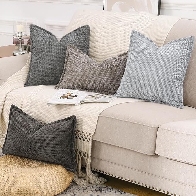MADIZZ Decorative Chenille Velvet Throw Pillow Covers Set of 2 Soft Boho Textured Neutral Couch Throw Pillow for Bed Modern Farmhouse Home Decor for Sofa Livingroom Dark Grey 18x18 Inch