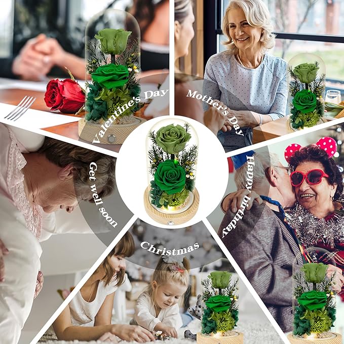 Preserved Flowers Gifts for Women, Unique Green Preserved Roses in Glass Dome, Forever Flowers for Mom, Birthday Gifts for Women