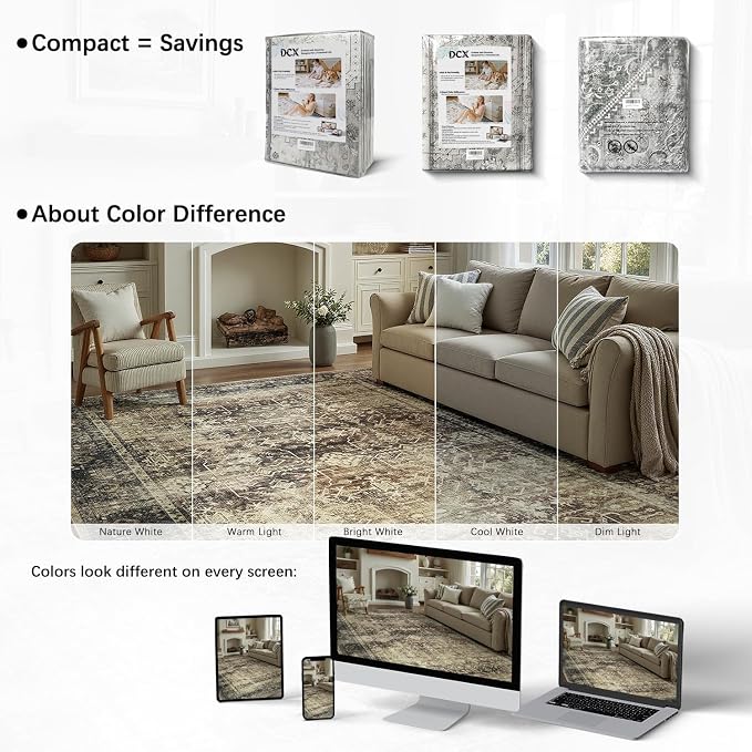 DCX Washable 6x9, Kid & Pet Friendly with Rubber Back Non Slip, Stain Resistant Vintage Rug for Living Room, Bedroom, Home Office, Soft Low Pile Large Farmhouse Distressed Carpet, Brown