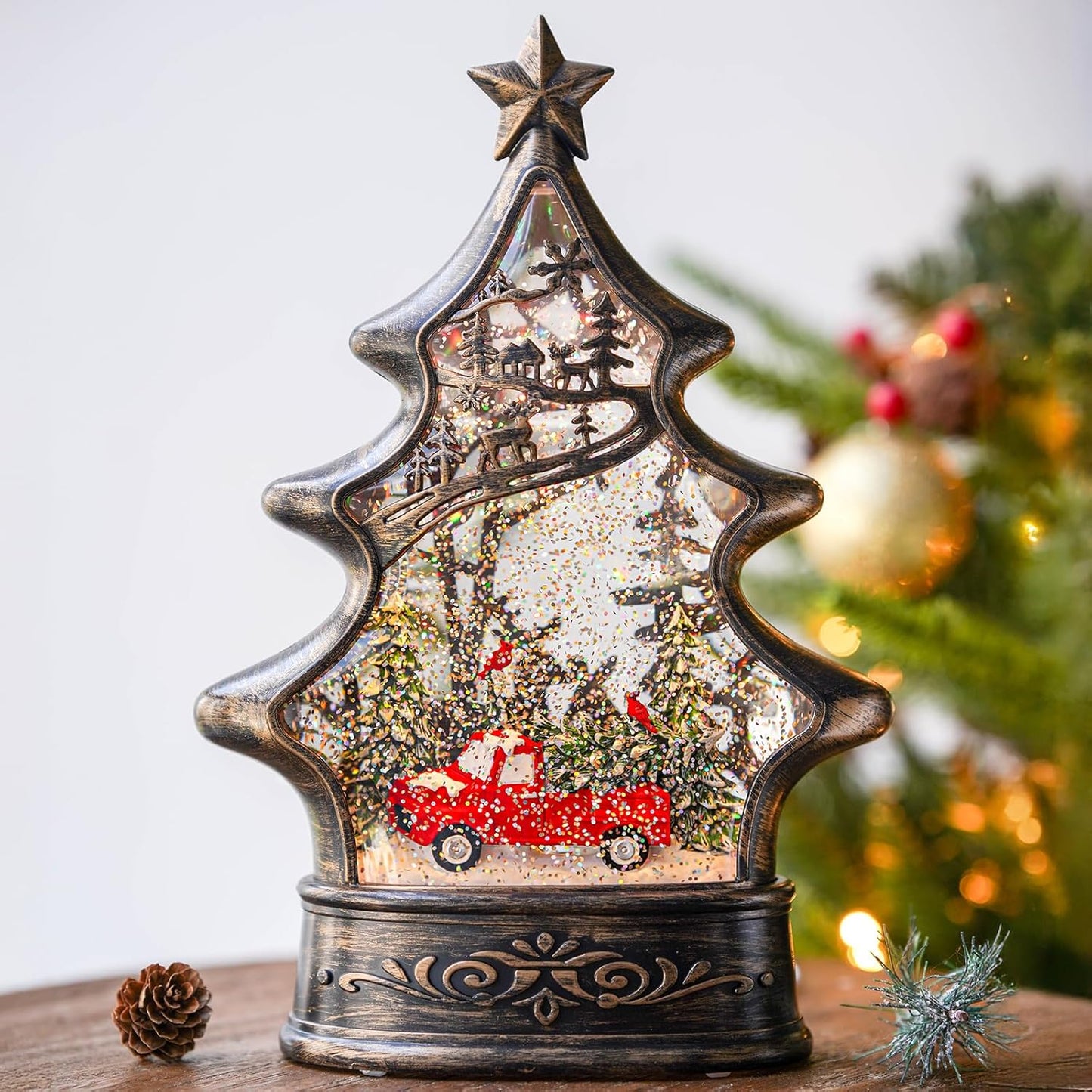 Christmas Snow Globe Lantern Water Glittering Christmas Tree with Red Truck, USB Lined/Battery Operated Lighted Lantern for Christmas Festival Decoration Gifts