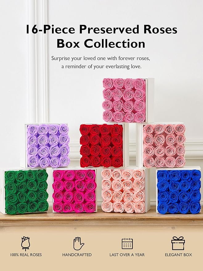 Eterfield Forever Flowers Preserved Roses Real Roses that Last Over a Year Rose Box Gifts for Her Mothers Day Valentines Day Christmas (Square White Box, 16 Blackish Green Roses)